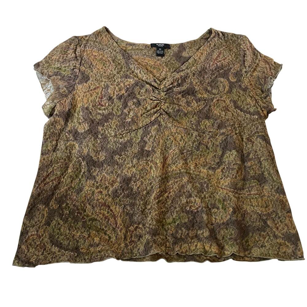 Y2K 2000s Green Paisley Ruched Bust Top Plus Sz 2X Forest Fairy Goblin Grunge